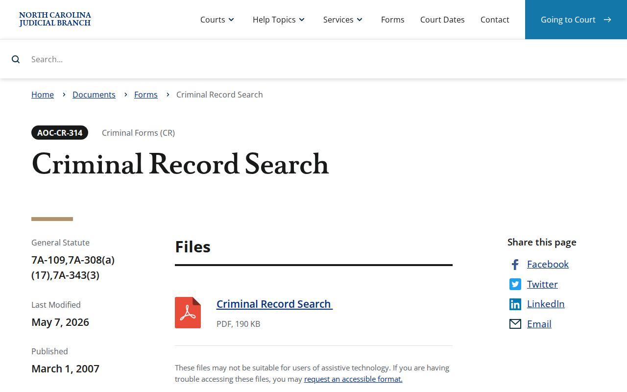Henderson County court records AOC-CR-314 criminal record search form page
