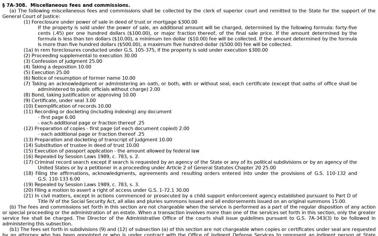 North Carolina clerk copy-fee statute for Fletcher court record requests