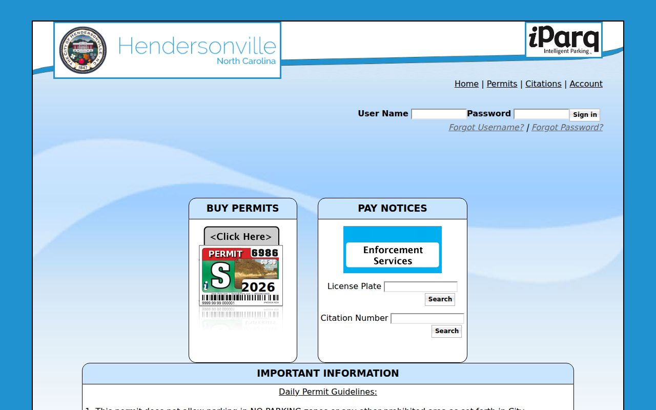 Hendersonville parking portal used for administrative parking citations, not a court docket