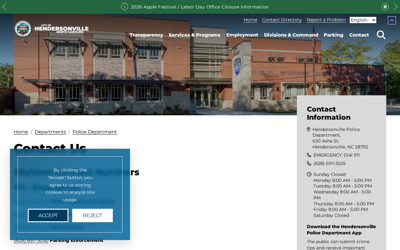 Hendersonville Police Department contact page for local enforcement questions, not court docket records