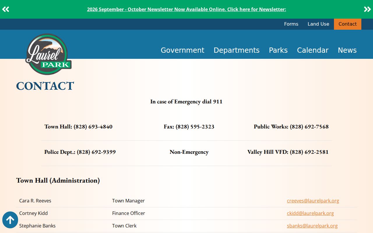 Laurel Park Town Hall and Police contact information, separate from state court docket records