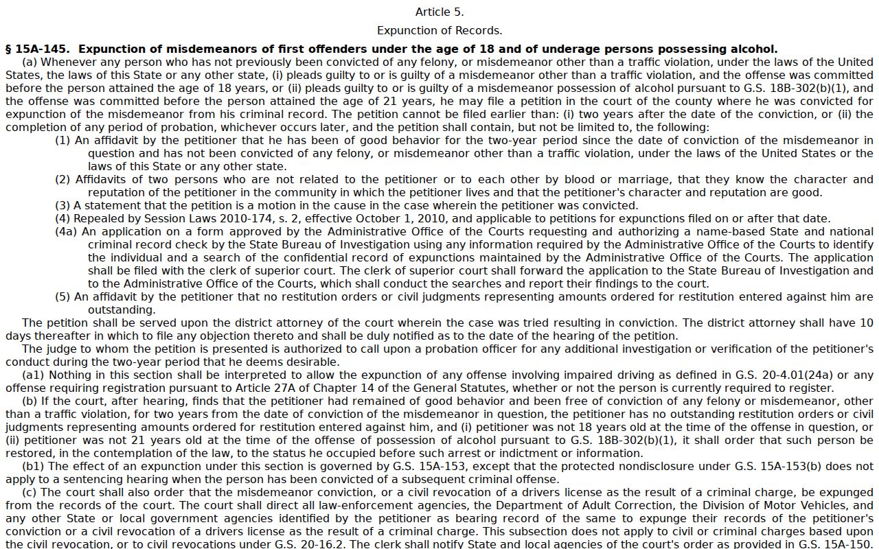 North Carolina expunction statute resource for Laurel Park court record access limits